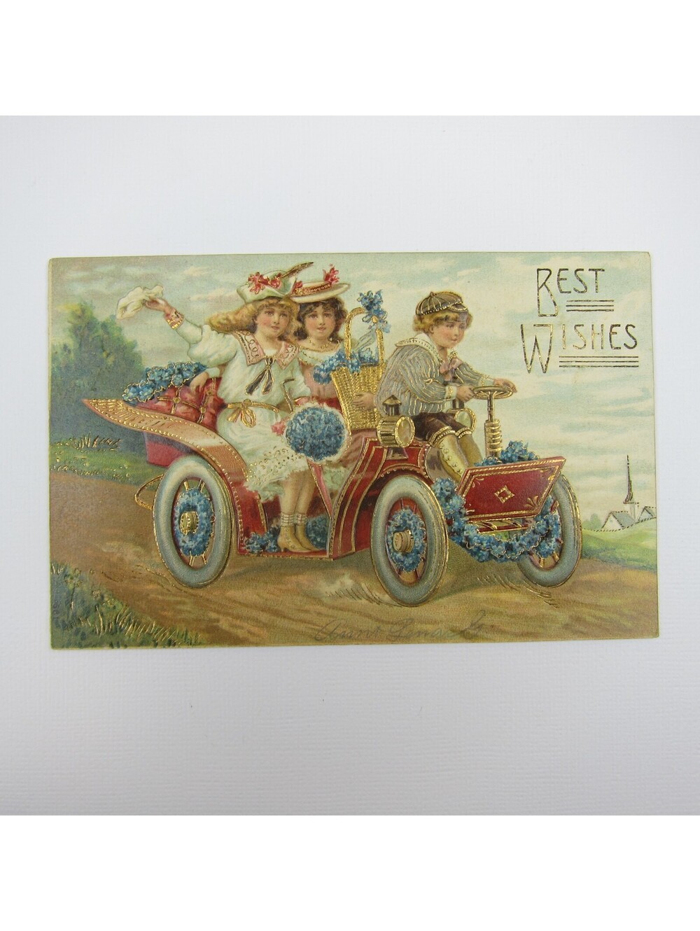Postcard Best Wishes Children Antique Red Car Automobile Blue Flowers Gold 1908
